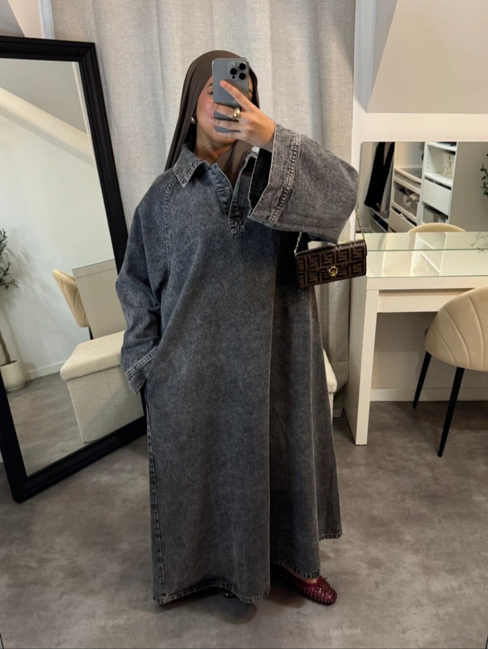 Grey Denim Wash Abaya Size 56